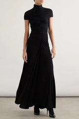 lillian Gathered High-Neck Maxi Dress in black