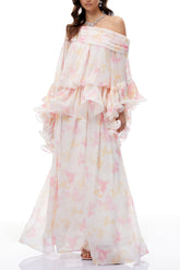 emily White Floral Print Ruffled chiffon Maxi Dress