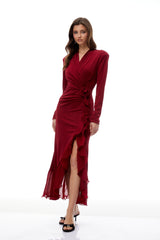joyce Red Ruffled Gathered high slit Knit Midi Dress