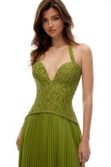 penny Emerald lace fishbone pleated Corset Gown