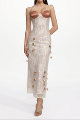 verna champagne Embellished Sleeveless Petal Sequin Lace Knit Maxi Dress