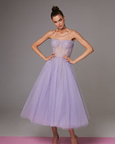 Lavender Strapless Puffy Midi Tulle Dress