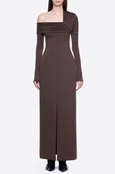 sibyl asymmetric off-shoulder draping slit maxi dress in brown