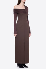 sibyl asymmetric off-shoulder draping slit maxi dress in brown