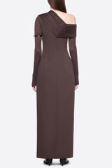 sibyl asymmetric off-shoulder draping slit maxi dress in brown