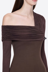 sibyl asymmetric off-shoulder draping slit maxi dress in brown