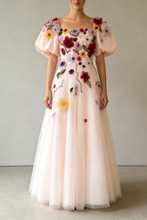 FLOWERS PRINT PUFF SLEEVE MIDI DRESS IN PINK