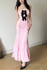 LACE STRAPLESS MIDI DRESS IN PINK