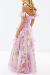 Helen Elegant Floral Frill Maxi Dress in Soft Pink