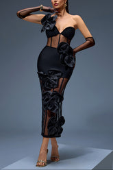 joanna One-Shoulder Bow-Floral Mesh Dress in black