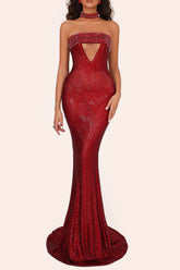 sherry rhinestone embellished cutout sequin strapless maxi dress - red