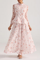 rebecca pink Floral embroidered long-sleeve top skirt set