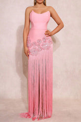 rita 3D flower diamond-decorative tassel bandage maxi dress in pink