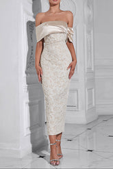 polly Contour Off-Shoulder Jacquard Floral Maxi Dress - apricot