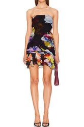 kelly Printed ruffle strapless mini dress - black