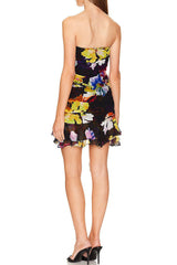 kelly Printed ruffle strapless mini dress - black