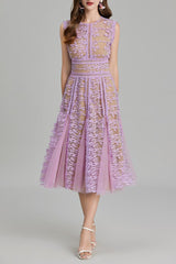 phoenix 3d Embroidered lace mesh midi dress in purple