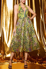 penny v-neck flower appliqué backless midi dress in green