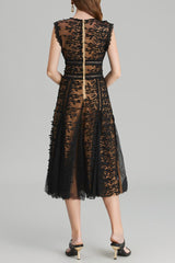 phoenix 3d Embroidered lace mesh midi dress in black