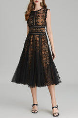 phoenix 3d Embroidered lace mesh midi dress in black