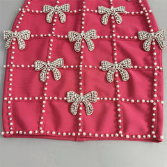 virginia Bowknot Crystal Grid Bandage Mini Dress in rose red