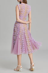 phoenix 3d Embroidered lace mesh midi dress in purple