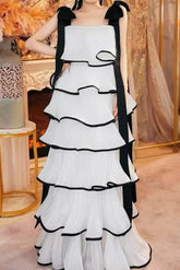 mandy White layer Ruffled Maxi Dress with Bows