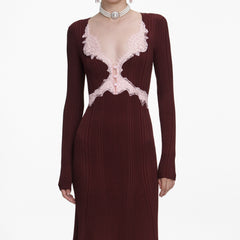Apphia Chic Brown Knit Midi Dress with Contrast Lace