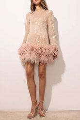 Murray Pale Pink Sequin Mini Dress with Feather Trim