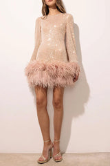 Murray Pale Pink Sequin Mini Dress with Feather Trim