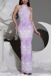 Pandora Sleeveless Beaded Tassel Sequin Bandage Maxi Dress - Violet