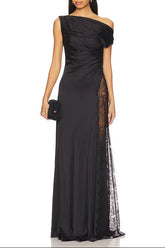 sara black Asymmetrical pleated maxi dress with side slit lace trim