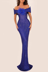 riva feather embellished hollowed sequin bodycon maxi dress in blue