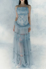 Hermosa Lace Splicing Layer Maxi Dress in Sky Blue