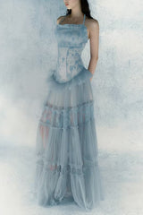 Hermosa Lace Splicing Layer Maxi Dress in Sky Blue