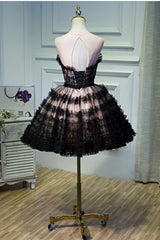 lorraine bow lace strapless puffy mini dress in black
