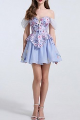 kelly floral print embroidery tulle puffy mini dress