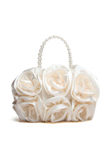 Chic Rosette-Embellished Satin Pearl Handbag