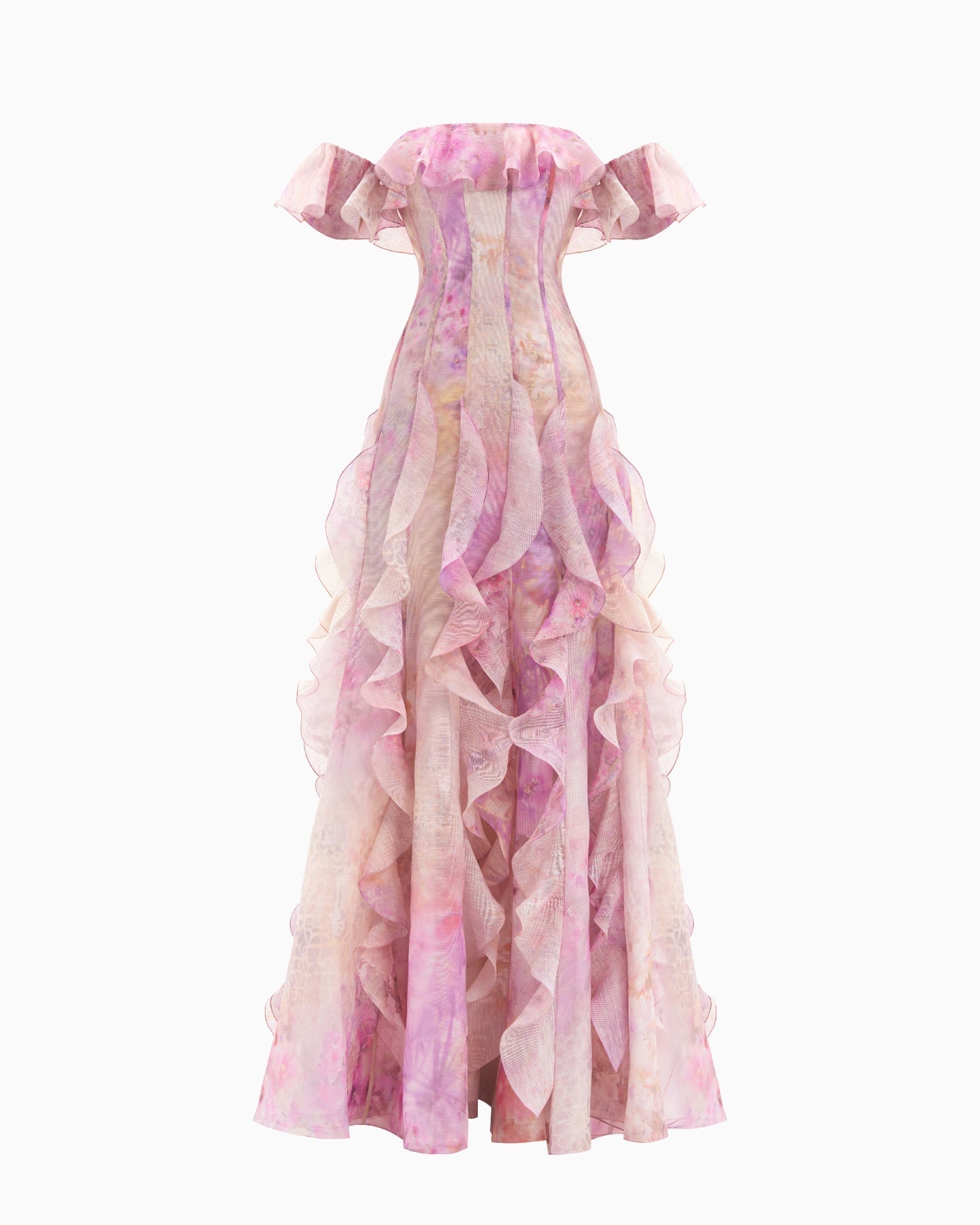 Helen Elegant Floral Frill Maxi Dress in Soft Pink