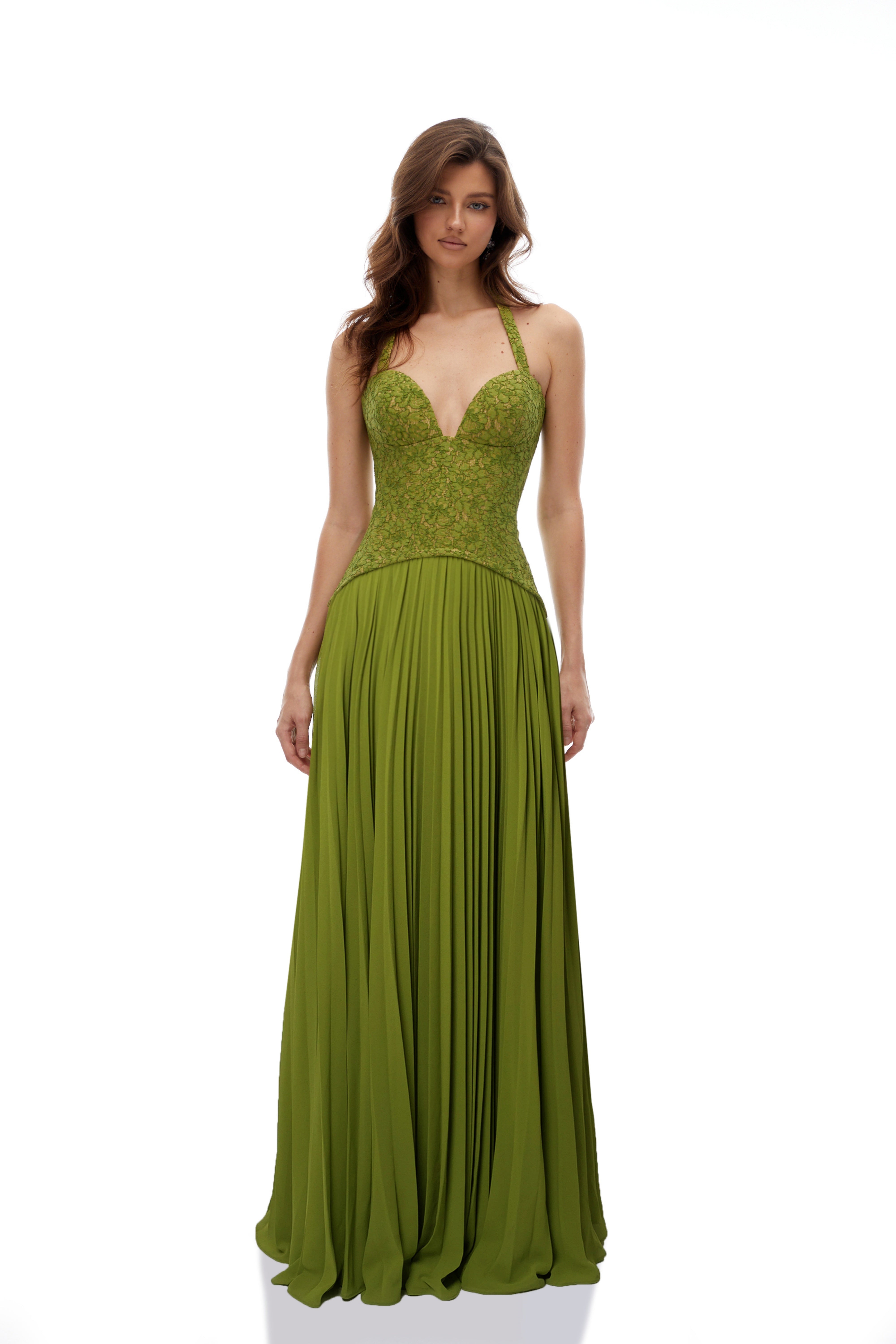 penny Emerald lace fishbone pleated Corset Gown
