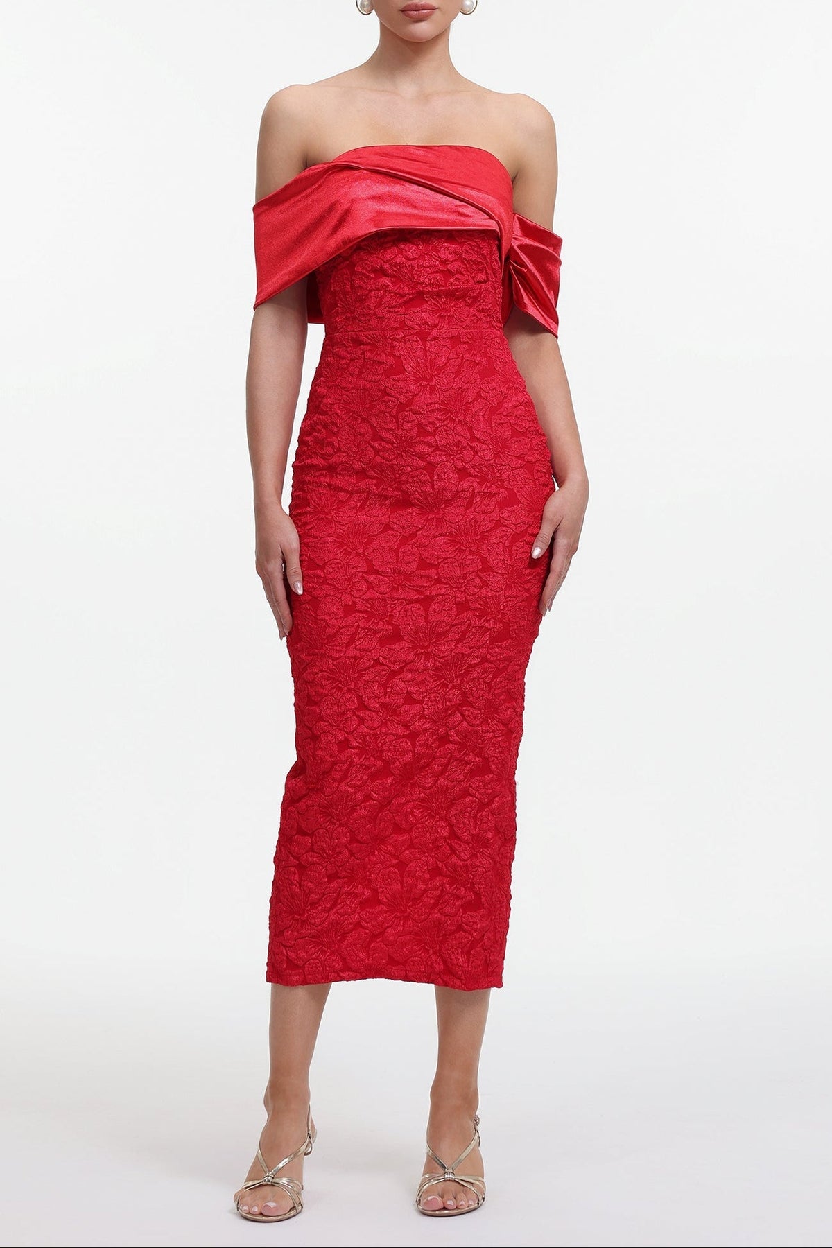 polly Contour Off-Shoulder Jacquard Floral Maxi Dress - red