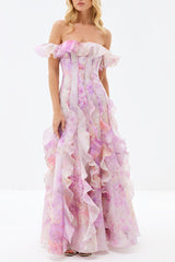 Helen Elegant Floral Frill Maxi Dress in Soft Pink