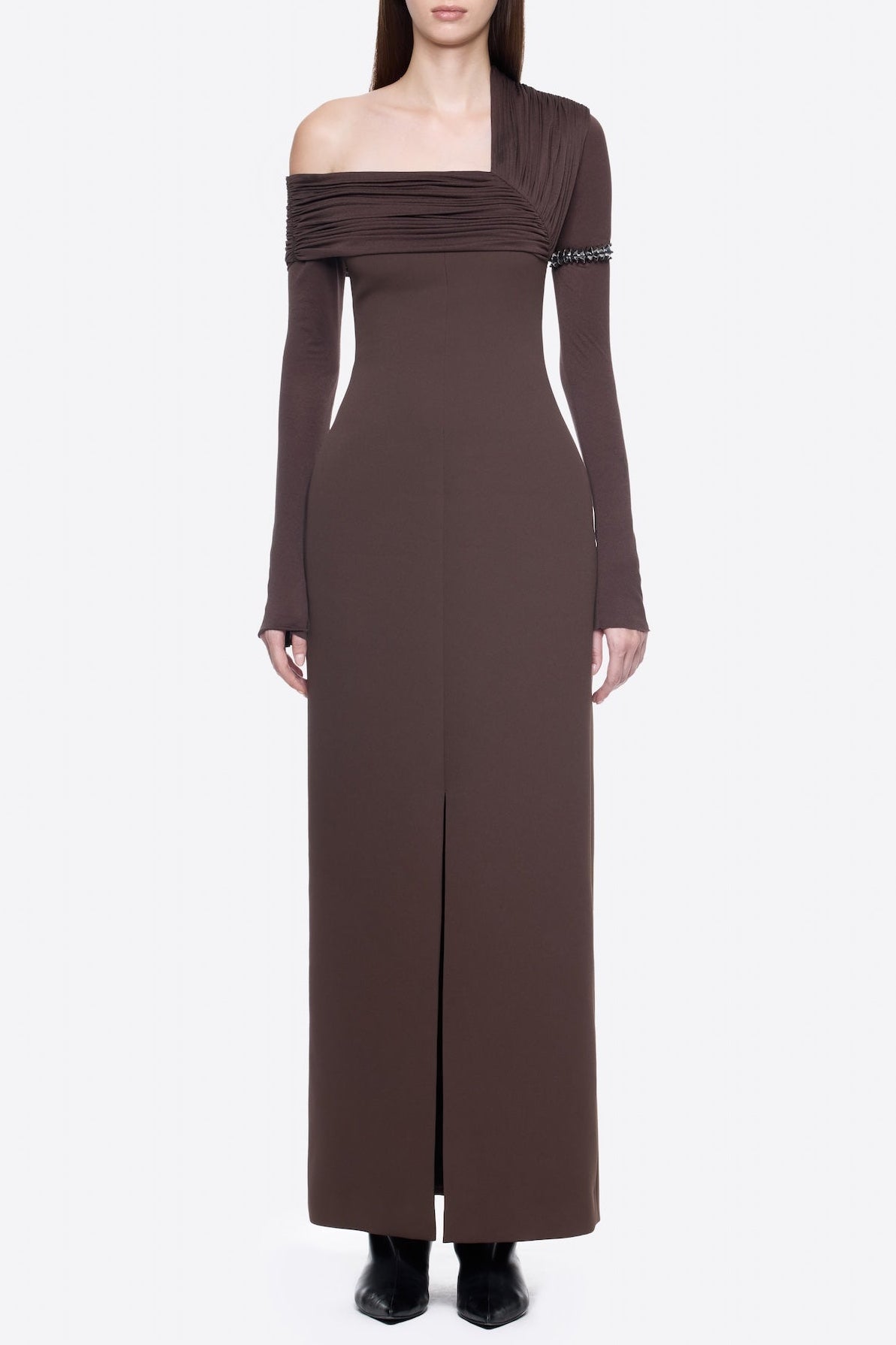 sibyl asymmetric off-shoulder draping slit maxi dress in brown