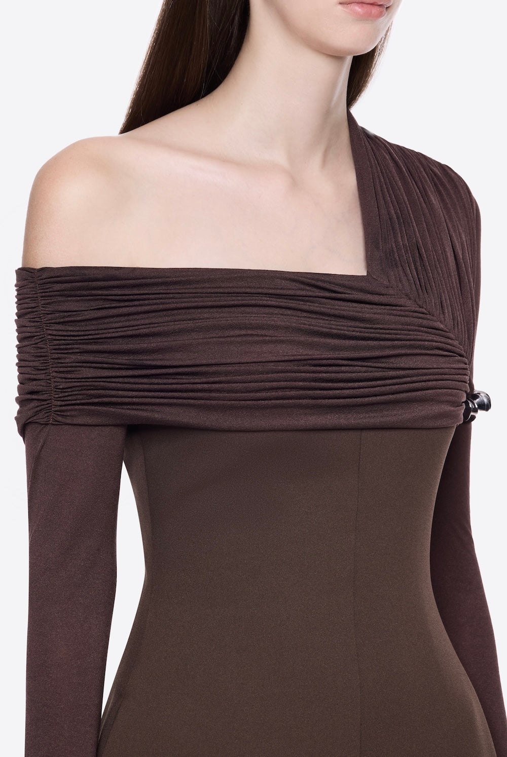 sibyl asymmetric off-shoulder draping slit maxi dress in brown