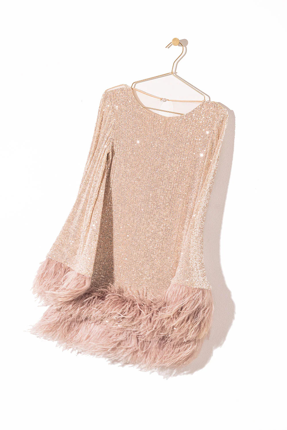 Murray Pale Pink Sequin Mini Dress with Feather Trim