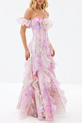 Helen Elegant Floral Frill Maxi Dress in Soft Pink