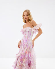 Helen Elegant Floral Frill Maxi Dress in Soft Pink