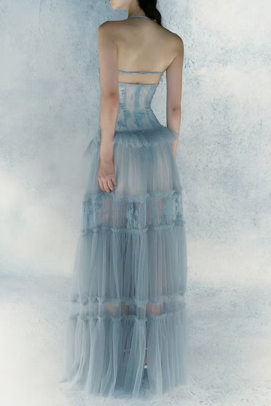 Hermosa Lace Splicing Layer Maxi Dress in Sky Blue