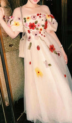 Chic Pink Floral Puff Sleeve Midi Dress
