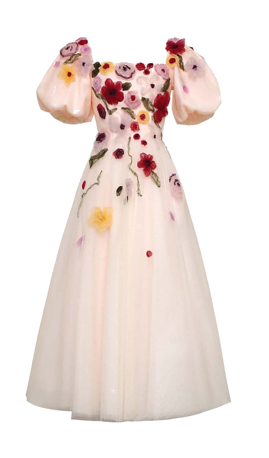 Chic Pink Floral Puff Sleeve Midi Dress